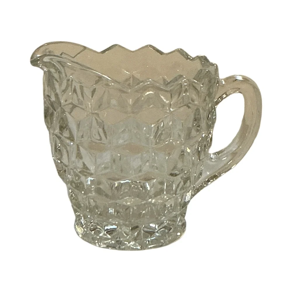 Vintage Clear Pressed Glass Diamond Point Creamer Pitcher 4x4x2.5